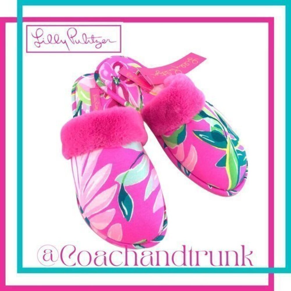 NWT Lilly Pulitzer Clara Slippers I'm Feline Fine Pink Velour Faux Fur Size 7-8
